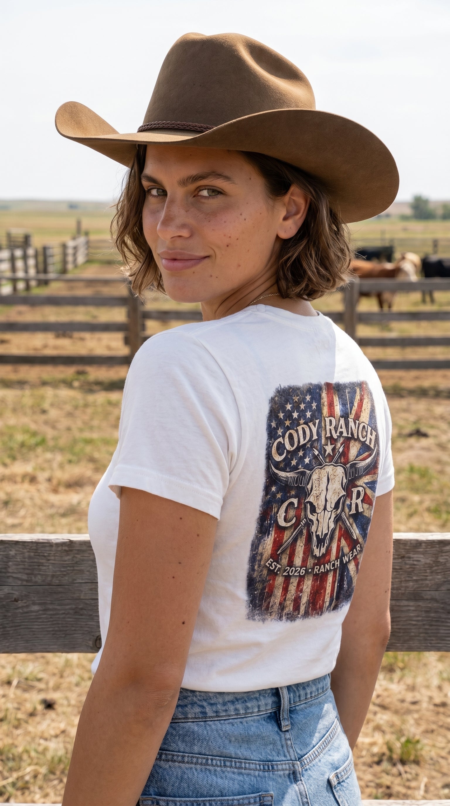 Women’s T-Shirt | USA & UK Flag Western Cowgirl Graphic Tee | Cody Ranch Wear